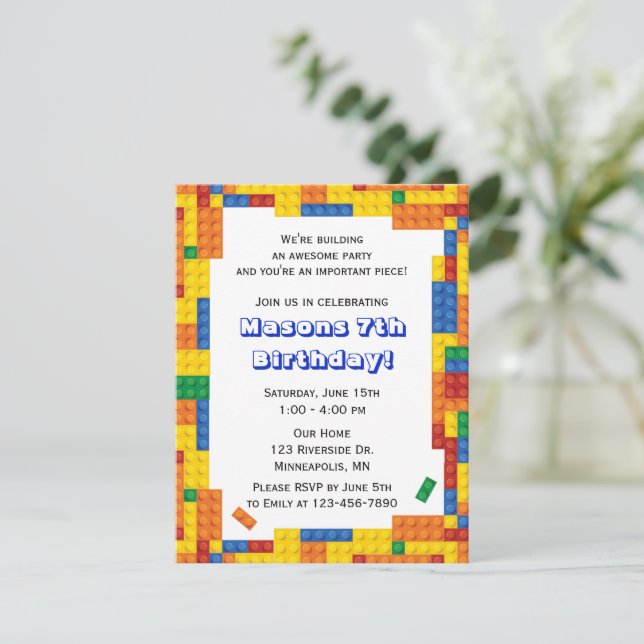 Colourful Bricks Building Blocks Birthday Party Invitation (Standing Front)