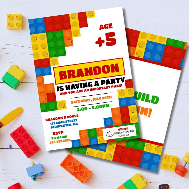 Colourful Bricks Building Blocks Birthday Party  Invitation (Building blocks birthday invitation)
