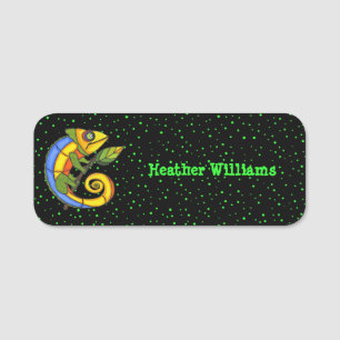 Colourful Bright Abstract Lizard on Green Dots Name Tag