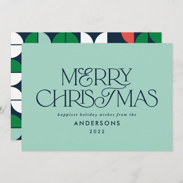 Colourful bright aqua Christmas geometric script Holiday Card (Front/Back)