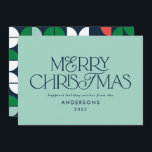 Colourful bright aqua Christmas geometric script Holiday Card<br><div class="desc">Colourful bright fun Merry Christmas geometric typography script holiday design. Red,  green,  aqua,  navy blue and pink colorway.</div>