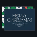 Colourful bright blue Christmas geometric script Holiday Card<br><div class="desc">Colourful bright fun Merry Christmas geometric typography script holiday design. Red,  green,  navy blue and pink colorway.</div>