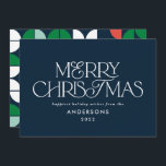 Colourful bright blue Christmas geometric script Holiday Card<br><div class="desc">Colourful bright fun Merry Christmas geometric typography script holiday design. Red,  green,  navy blue and pink colorway.</div>