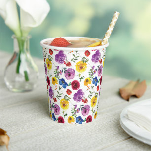 Colourful Bright & Bold Watercolor Floral  Paper Cups