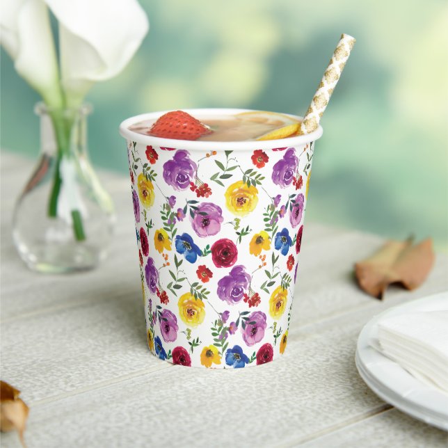 Colourful Bright & Bold Watercolor Floral  Paper Cups (Insitu)