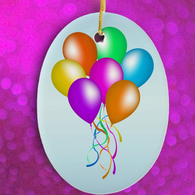 Colourful Bright Bunch of Balloons Ceramic Tree Decoration (Bunch of festive colourful balloons with streamers on light blue hanging ornament.)