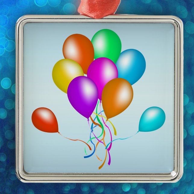 Colourful Bright Bunch of Balloons Metal Tree Decoration (Bunch colourful festive party balloons various colours on light blue hanging ornament.)