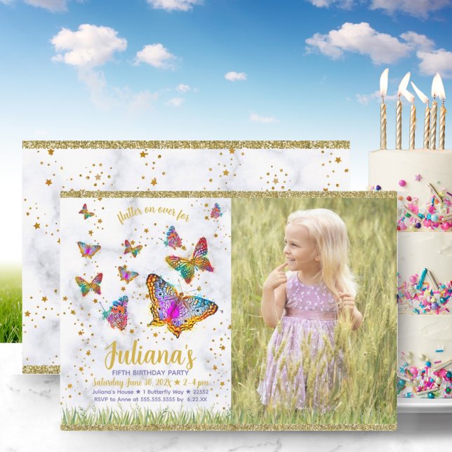 Colourful Bright Butterfly Birthday Party Photo Invitation (Colorful Bright Butterfly Birthday Party Photo Invitation)
