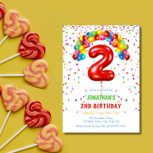Colourful Bright Confetti Balloons  2nd Birthday Invitation
