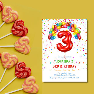 Colourful Bright Confetti Balloons 3rd Birthday Invitation