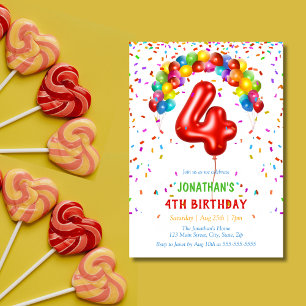 Colourful Bright Confetti Balloons 4th Birthday Invitation