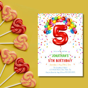 Colourful Bright Confetti Balloons 5th Birthday Invitation