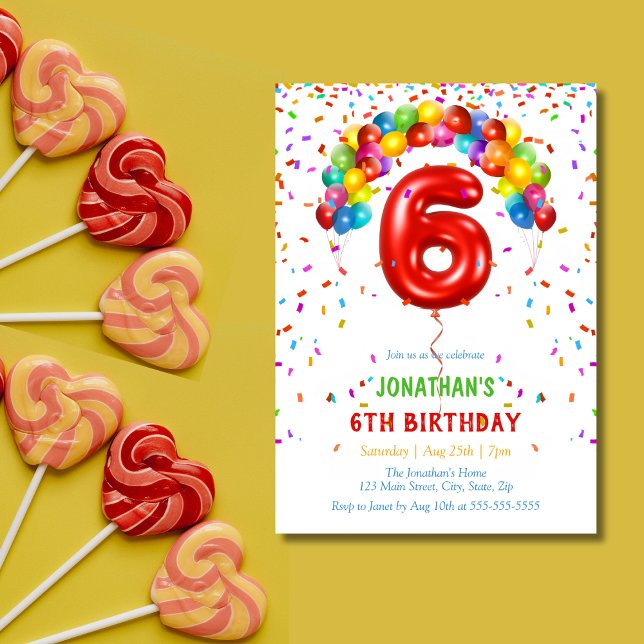 Colourful Bright Confetti Balloons 6th Birthday Invitation (Creator Uploaded)