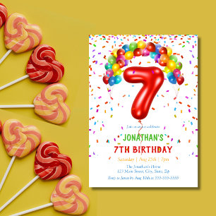 Colourful Bright Confetti Balloons 7th Birthday Invitation