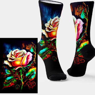 Colourful Bright Fantasy Rose Flower on Black Socks