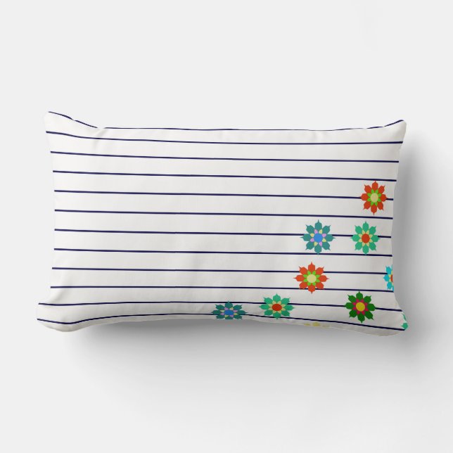 Colourful Bright Flowers Blue Stripe Cushion Pillo (Front)