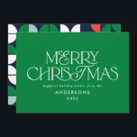 Colourful bright green Christmas geometric script Holiday Card<br><div class="desc">Colourful bright fun Merry Christmas geometric typography script holiday design. Red,  green,  aqua,  navy blue and pink colorway.</div>