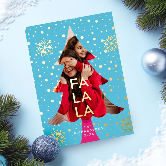 Colourful Bright Neon Fa La Christmas Photo Blue (Colourful Bright Neon Fa La Christmas Photo Blue Foil Invitation)