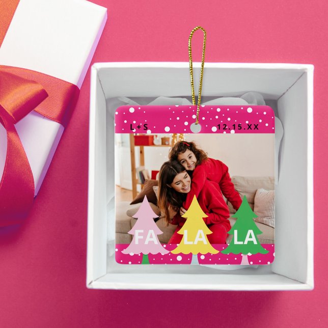 Colourful Bright Neon Fa La Christmas Photo Pink Ceramic Ornament (Colourful Bright Neon Fa La Christmas Photo Pink Ceramic Ornament)