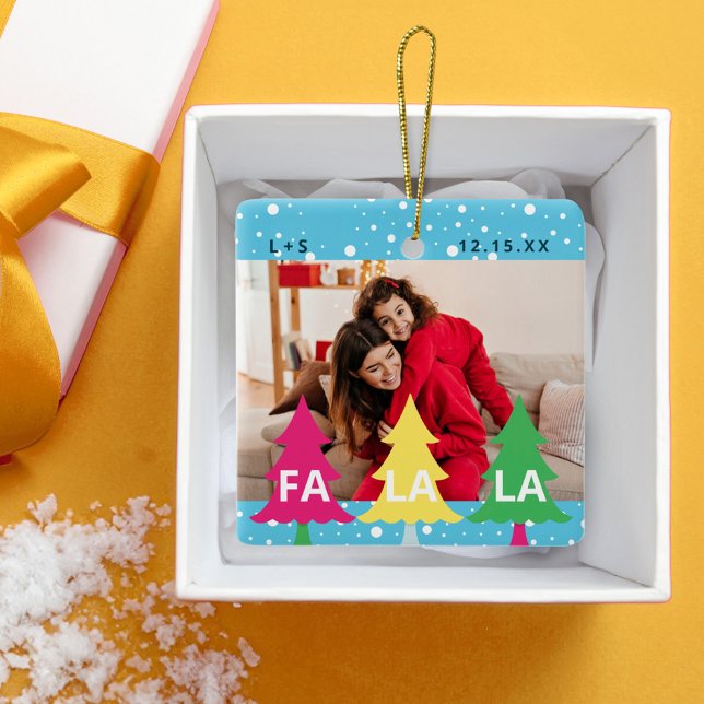 Colourful Bright Neon Fa La La Christmas Photo Ceramic Ornament (Colourful Bright Neon Fa La La Christmas Photo Ceramic Ornament)
