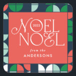Colourful bright Noel Christmas geometric script Square Sticker<br><div class="desc">Colourful bright fun Noel Christmas geometric typography script holiday design. Red,  green,  navy blue and pink colorway.</div>