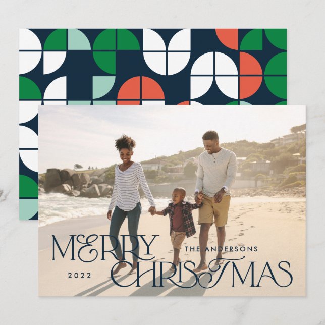 Colourful bright photo Christmas geometric script  Holiday Card (Front/Back)