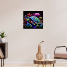 Colourful Bright Psychedelic Sea Turtle Wall Print