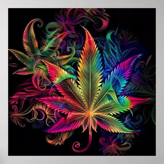 Colourful Bright Psychedelic Weed Wall Print  (Front)