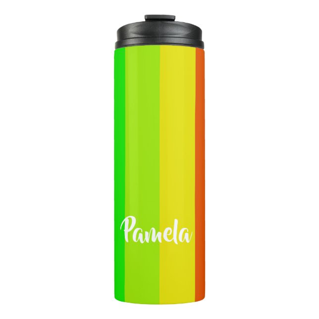 Colourful bright rainbow lines thermal tumbler (Front)