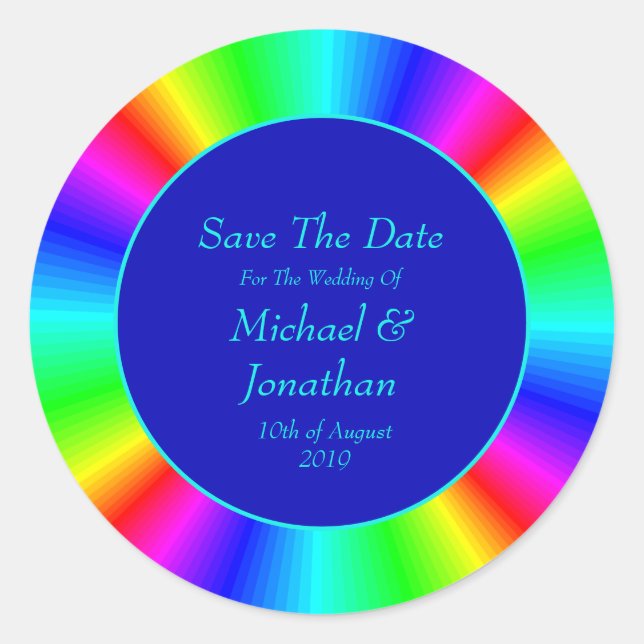Colourful Bright Rainbow Wedding Save The Date Classic Round Sticker (Front)