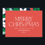 Colourful bright red Christmas geometric script Holiday Card<br><div class="desc">Colourful bright fun Merry Christmas geometric typography script holiday design. Red,  green,  navy blue and pink colorway.</div>