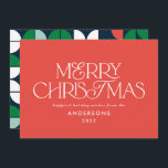 Colourful bright red Christmas geometric script Holiday Card<br><div class="desc">Colourful bright fun Merry Christmas geometric typography script holiday design. Red,  green,  navy blue and pink colorway.</div>