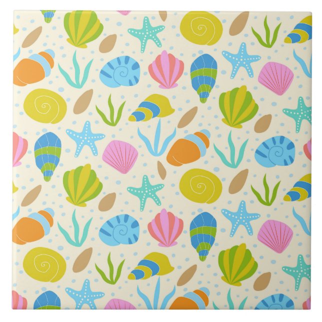Colourful Bright Seashells and Starfish Coastal  Tile (Front)