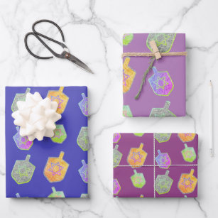 Colourful Bright Spinning Dreidels Purple Hanukkah Wrapping Paper Sheet