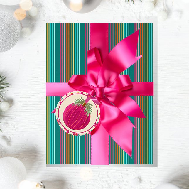 Colourful Bright Stripes Green Pink Blue Wrapping Paper (Colorful bright hot pink Christmas ornament gift tag with festive striped gift wrapping paper.)