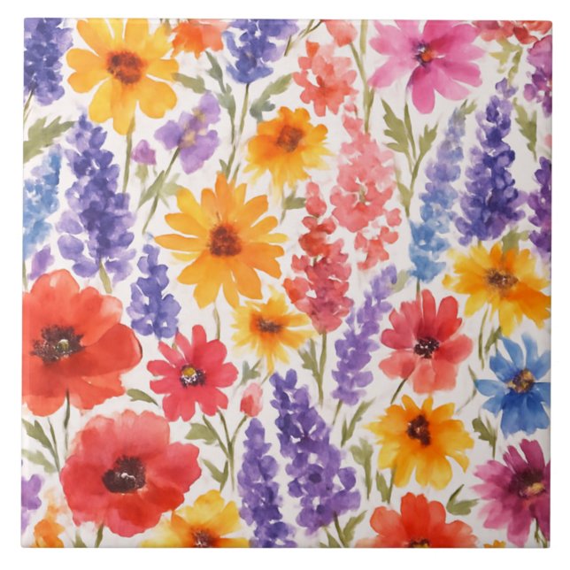 colourful Bright Summer floral Garden bloom Tile (Front)