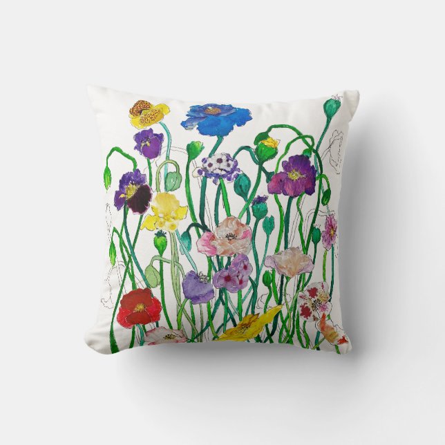 Colourful Bright Wild Poppy Watercolor  Cushion (Front)