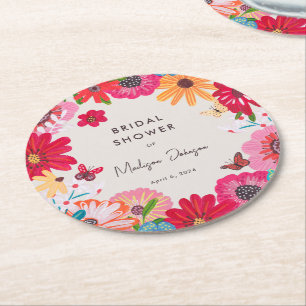 Colourful Bright Wildflower Bridal Shower Round Paper Coaster