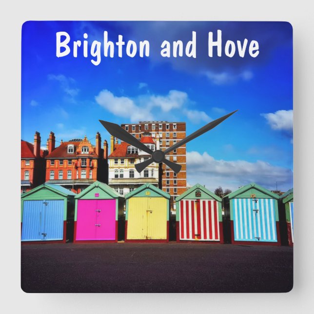 Colourful Brighton and Hove Summer Beach Huts Square Wall Clock (Front)