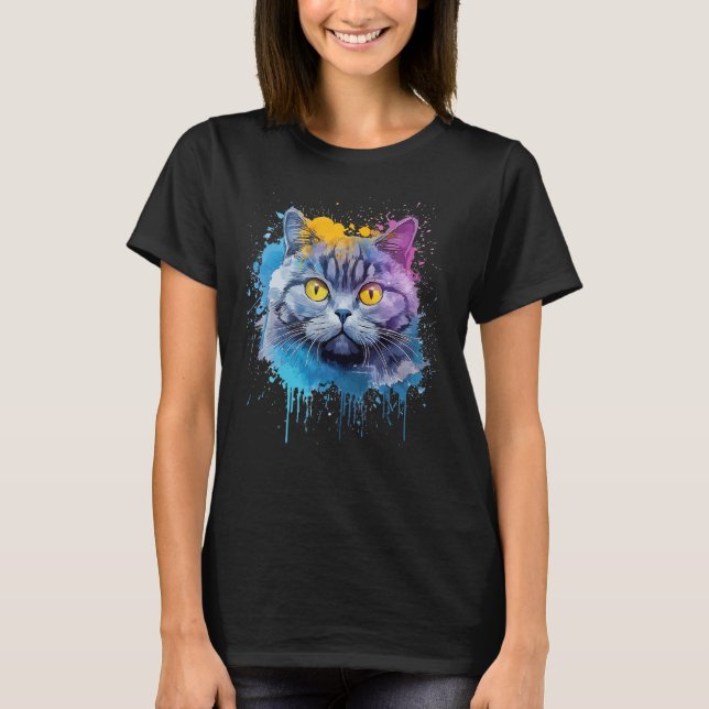 Colourful British Shorthair Cat Face Splash Art T-Shirt (Front)