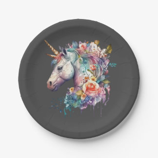Colourful Brown Background Floral Unicorn Paper Plate