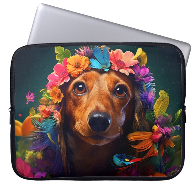 Colourful Brown Dog with Floral Wreath Laptop Sleeve (Front)