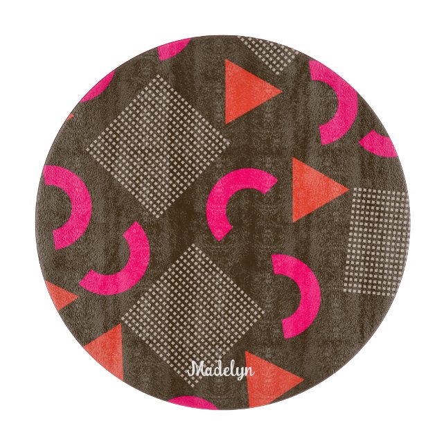Colourful Brown Fuchsia Geometric Personalised Nam Cutting Board (Front)