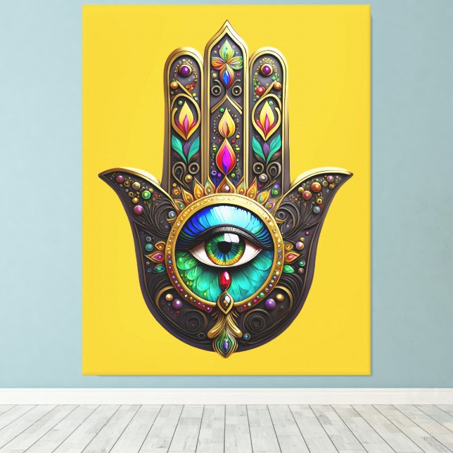 Colourful Brown Gold Hamsa Rainbow Colour Third Ey Canvas Print (Insitu(Wood Floor))