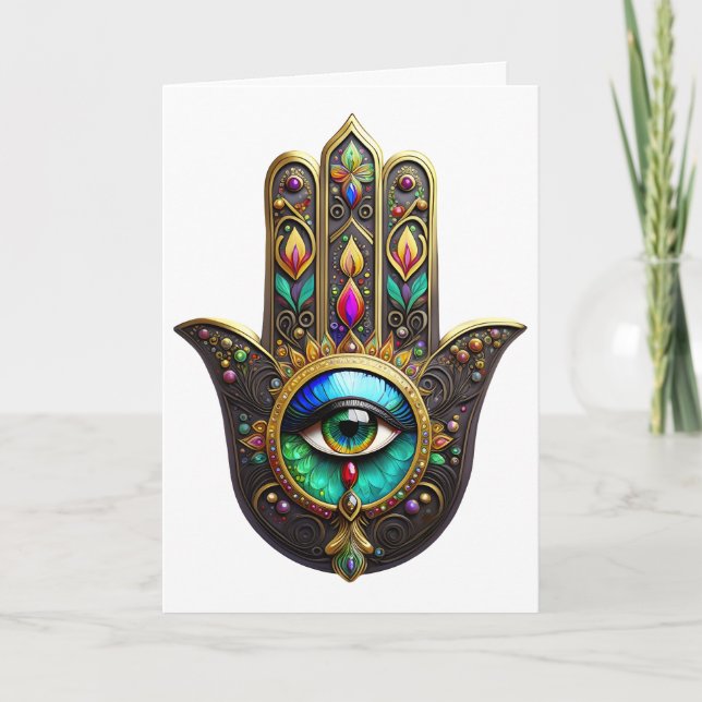 Colourful Brown Gold Hamsa Rainbow Colour Third Ey Card (Front)