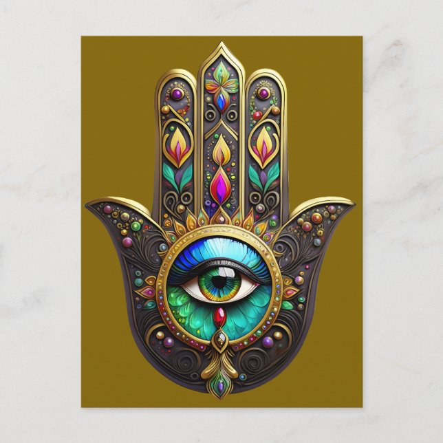 Colourful Brown Gold Hamsa Rainbow Colour Third Ey Postcard (Front)