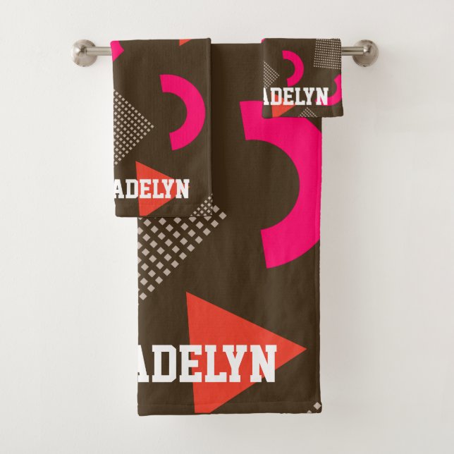 Colourful Brown Orange Geometric Personalised Name Bath Towel Set (Insitu)