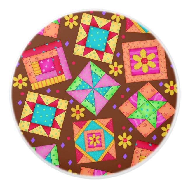 Colourful Brown Quilt Patchwork Block Art Ceramic Knob (Front)