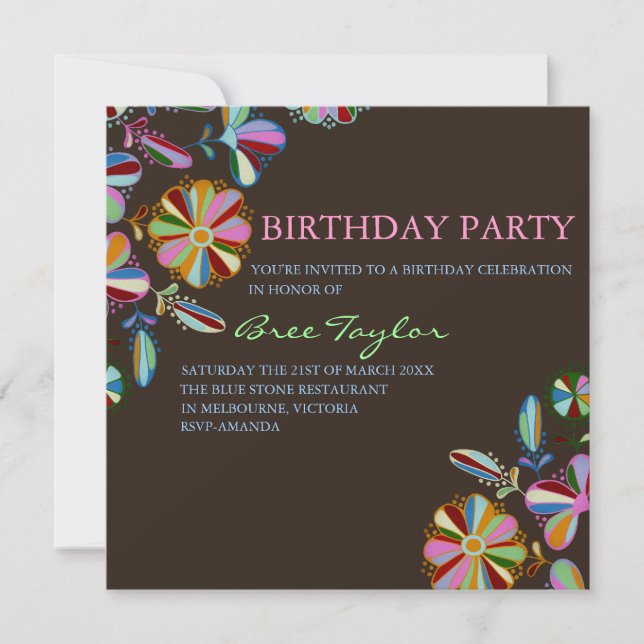 Colourful Brown Retro Flower Birthday Invite (Front)