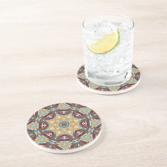 Colourful Brown Yellow Turquoise Red Mandala Art Coaster (Side)